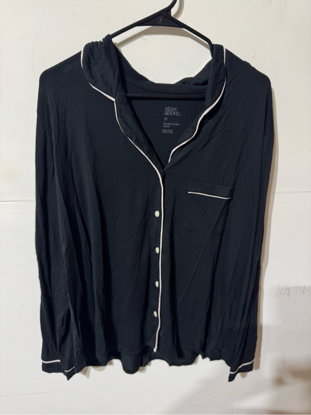 Black Long Sleeve Pajama Top with White Piping